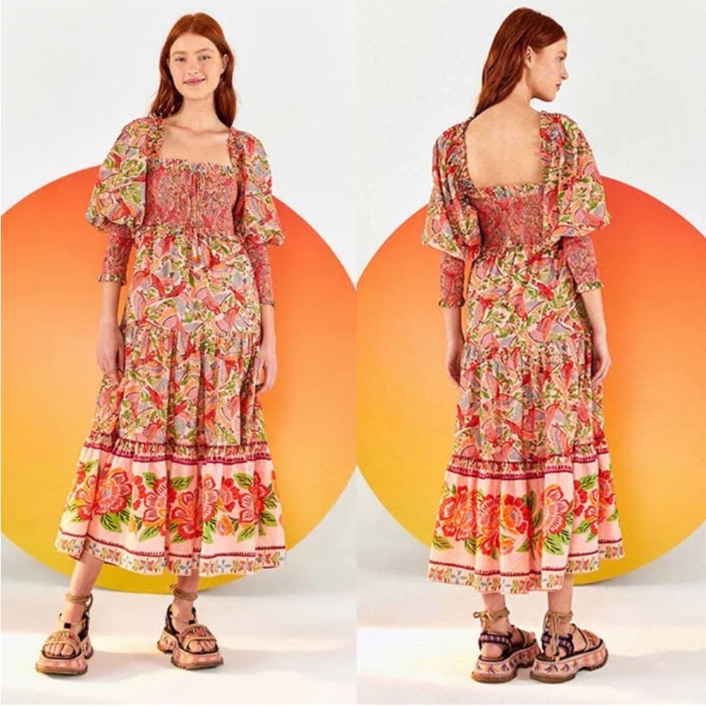 FARM RIO Pink Green Tropical Floral Macaw Bird Smocked Balloon Sleeve
Maxi Dress - Picture 2 of 10